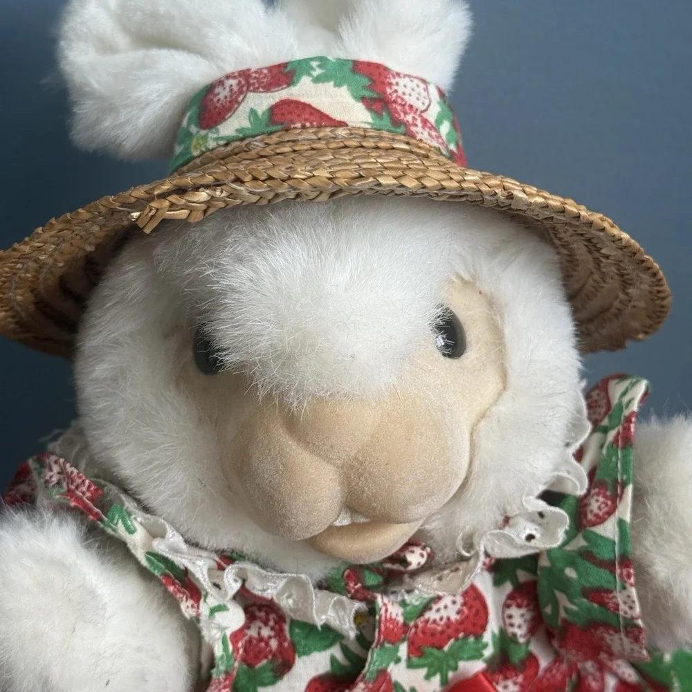Vintage 1994 Hosung Bunny Rabbit Hand Puppet Plush Strawberry Dress Straw Hat